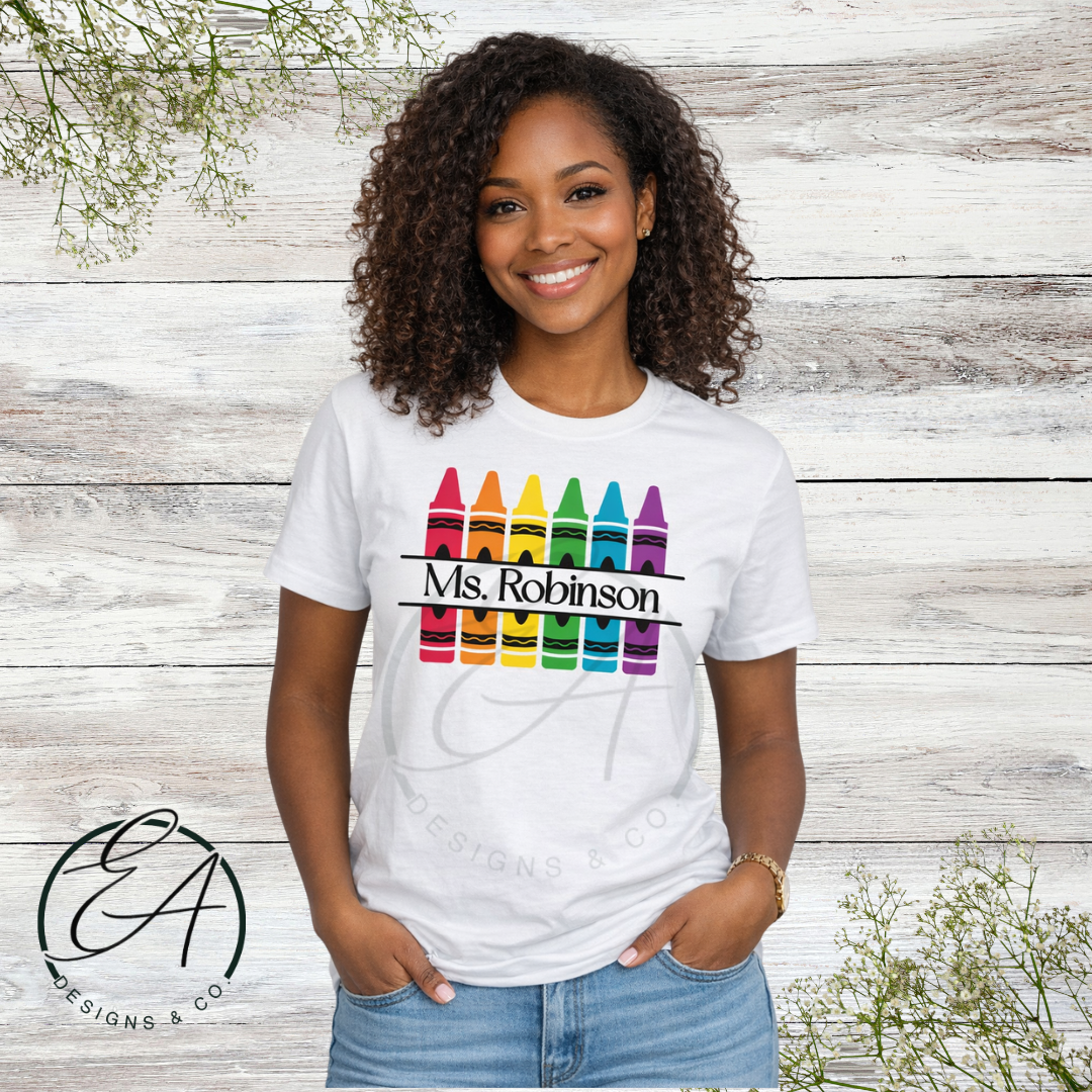 Personalized Rainbow Crayon Teacher Graphic Shirt