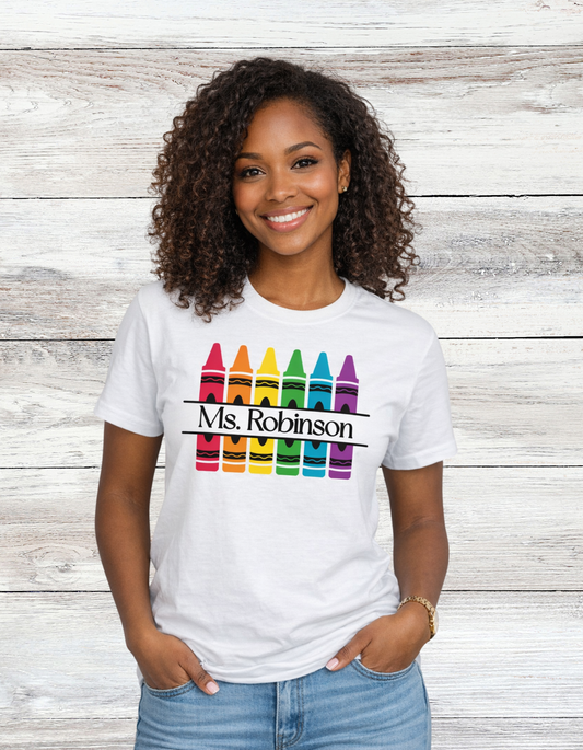 Personalized Rainbow Crayon Teacher Graphic Shirt