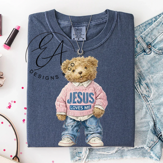 Midnight Blue "Jesus Loves Me" Teddy Bear Shirt – Cute Christian Graphic Tee